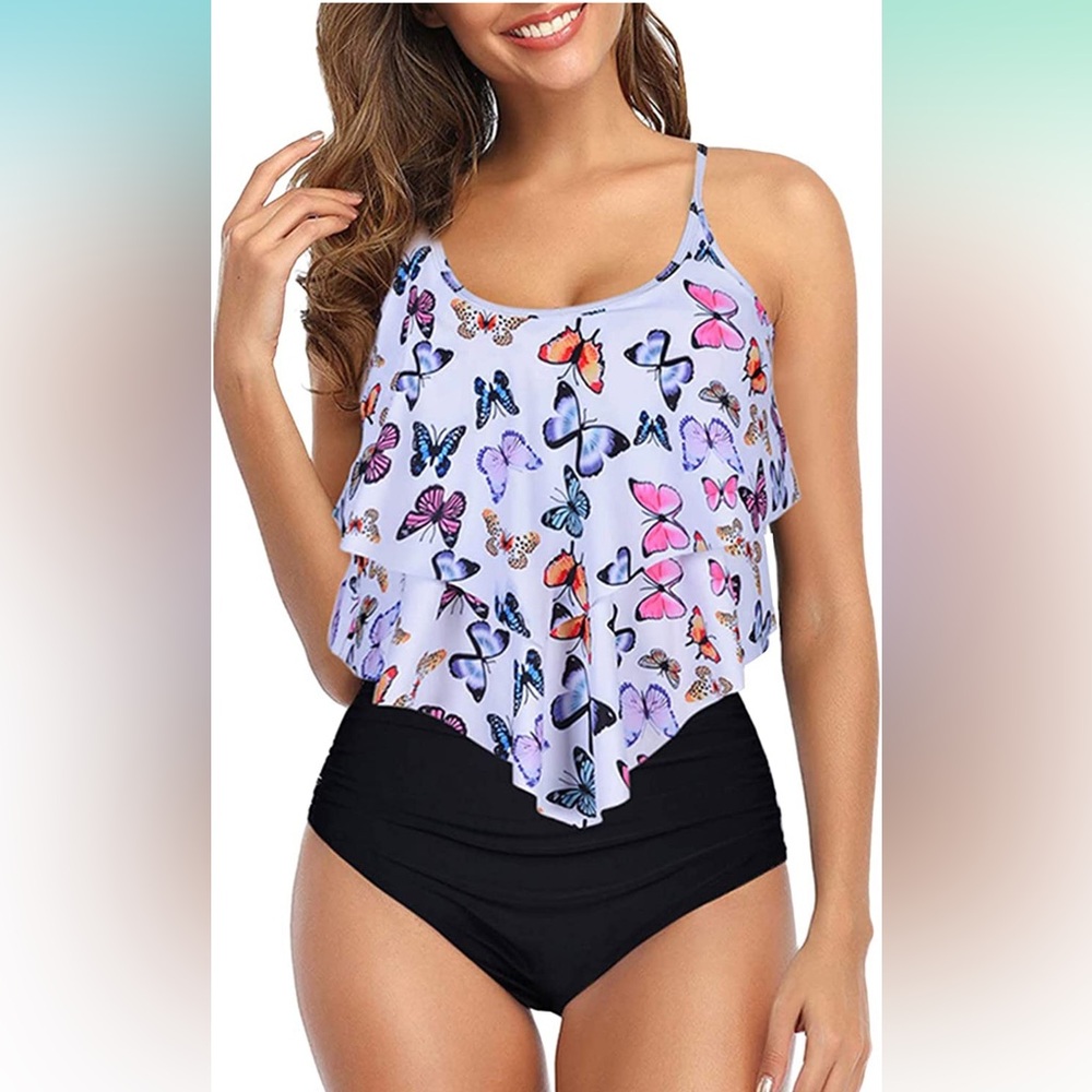 High waisted butterfly garden tankini swimsuit